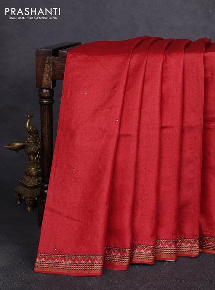 Pure tussar silk saree maroon and cream with mirror embroidery buttas and kantha stitch work pallu