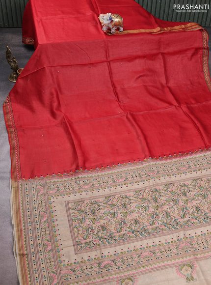Pure tussar silk saree maroon and cream with mirror embroidery buttas and kantha stitch work pallu
