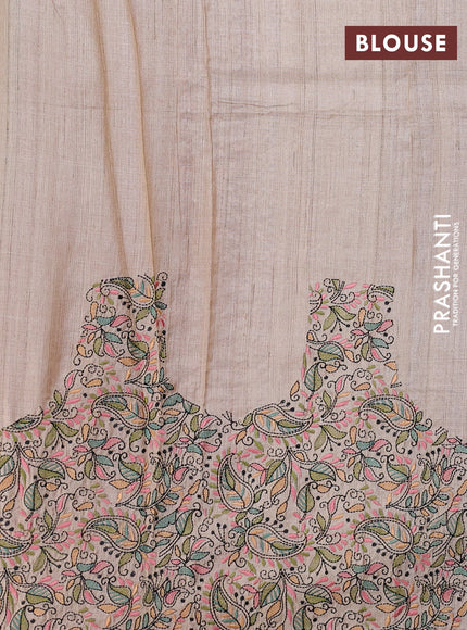Pure tussar silk saree maroon and cream with mirror embroidery buttas and kantha stitch work pallu