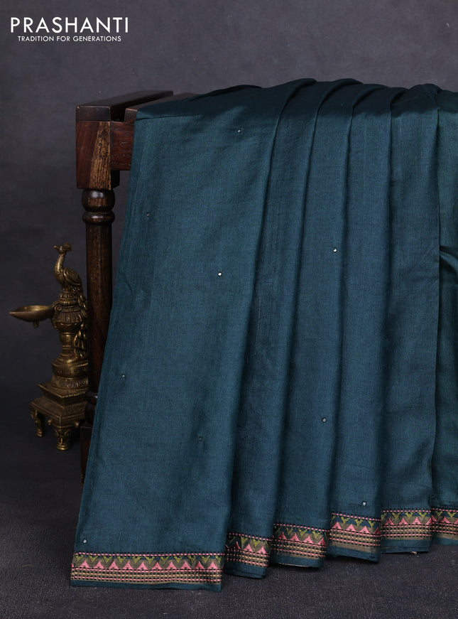 Pure tussar silk saree dark peacock green and cream with mirror embroidery buttas and kantha stitch work pallu