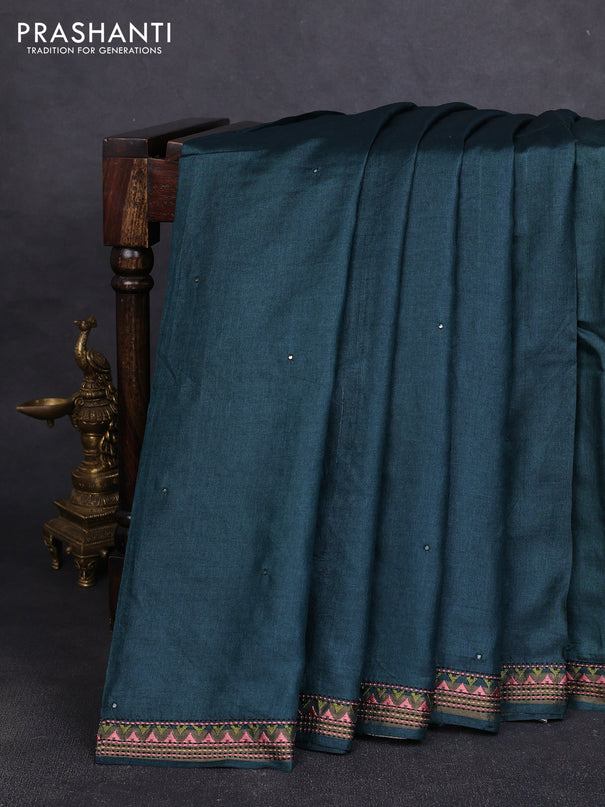 Pure tussar silk saree dark peacock green and cream with mirror embroidery buttas and kantha stitch work pallu