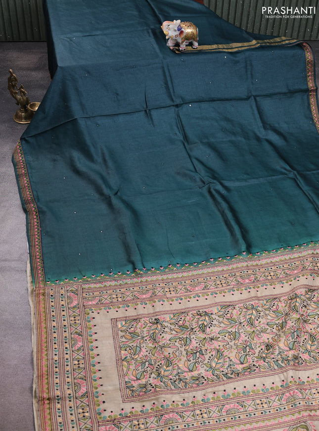 Pure tussar silk saree dark peacock green and cream with mirror embroidery buttas and kantha stitch work pallu