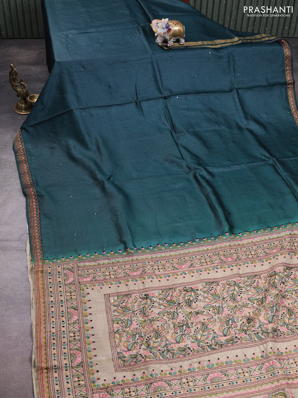 Pure tussar silk saree dark peacock green and cream with mirror embroidery buttas and kantha stitch work pallu
