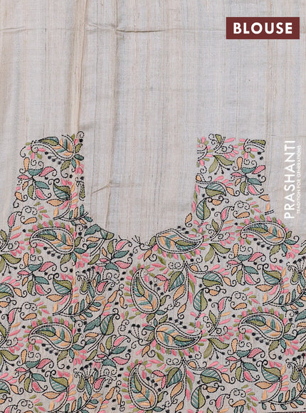 Pure tussar silk saree dark peacock green and cream with mirror embroidery buttas and kantha stitch work pallu