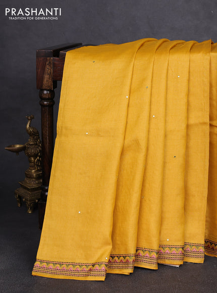 Pure tussar silk saree yellow and cream with mirror embroidery buttas and kantha stitch work pallu