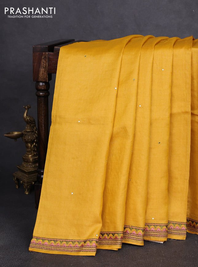 Pure tussar silk saree yellow and cream with mirror embroidery buttas and kantha stitch work pallu