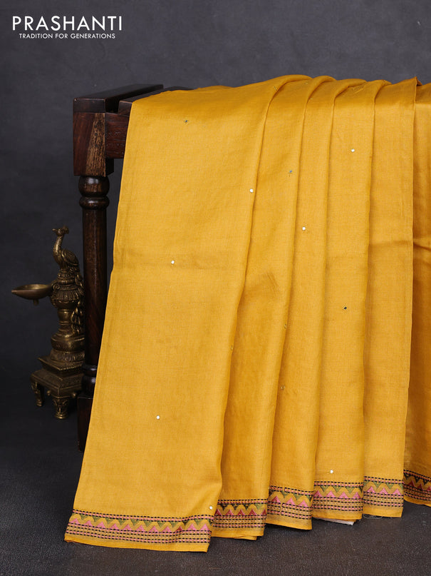 Pure tussar silk saree yellow and cream with mirror embroidery buttas and kantha stitch work pallu