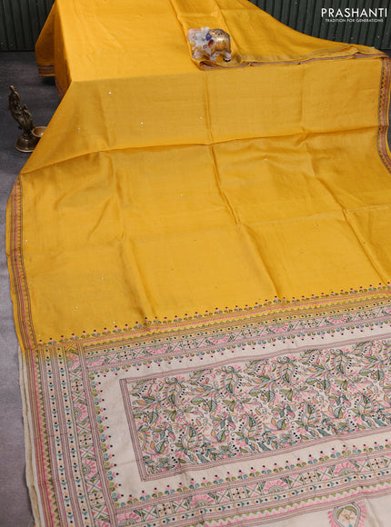 Pure tussar silk saree yellow and cream with mirror embroidery buttas and kantha stitch work pallu