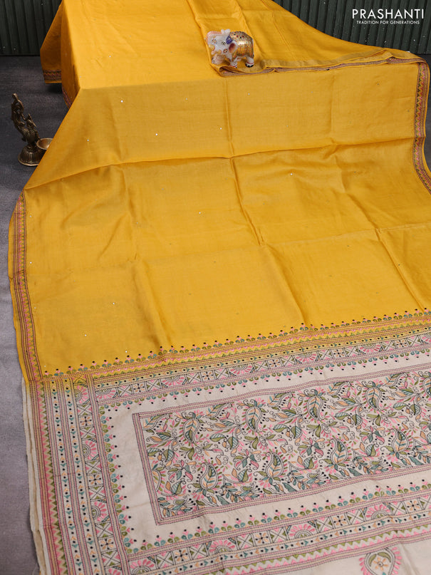 Pure tussar silk saree yellow and cream with mirror embroidery buttas and kantha stitch work pallu