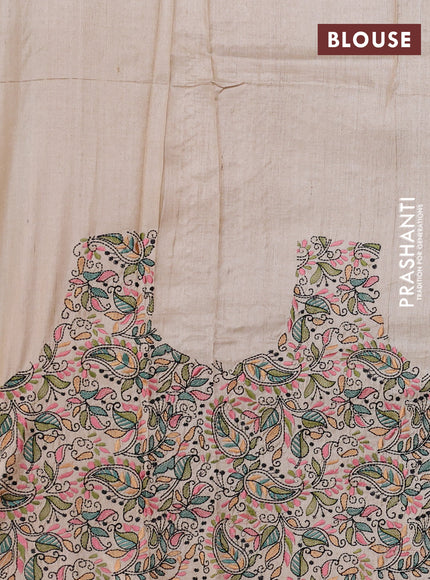 Pure tussar silk saree yellow and cream with mirror embroidery buttas and kantha stitch work pallu