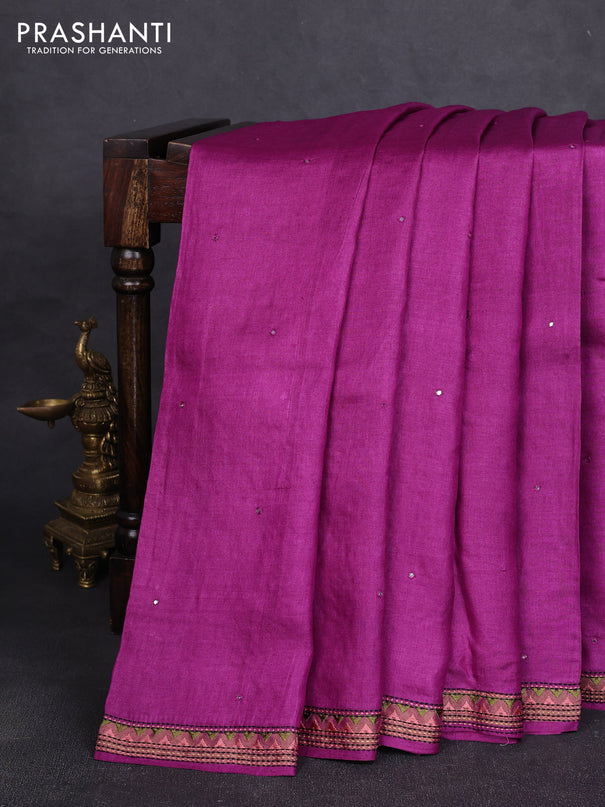 Pure tussar silk saree mild purple and cream with mirror embroidery buttas and kantha stitch work pallu