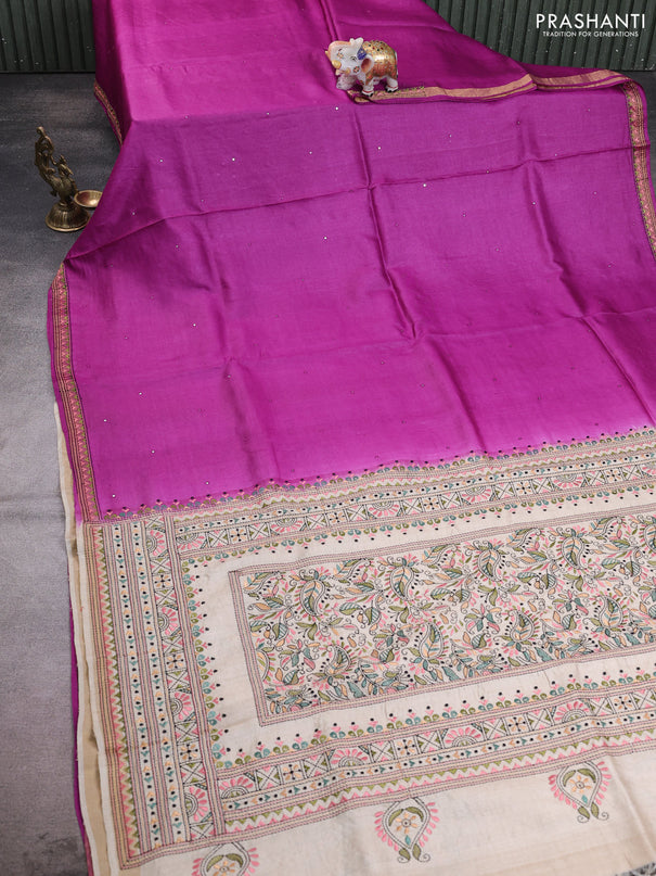 Pure tussar silk saree mild purple and cream with mirror embroidery buttas and kantha stitch work pallu