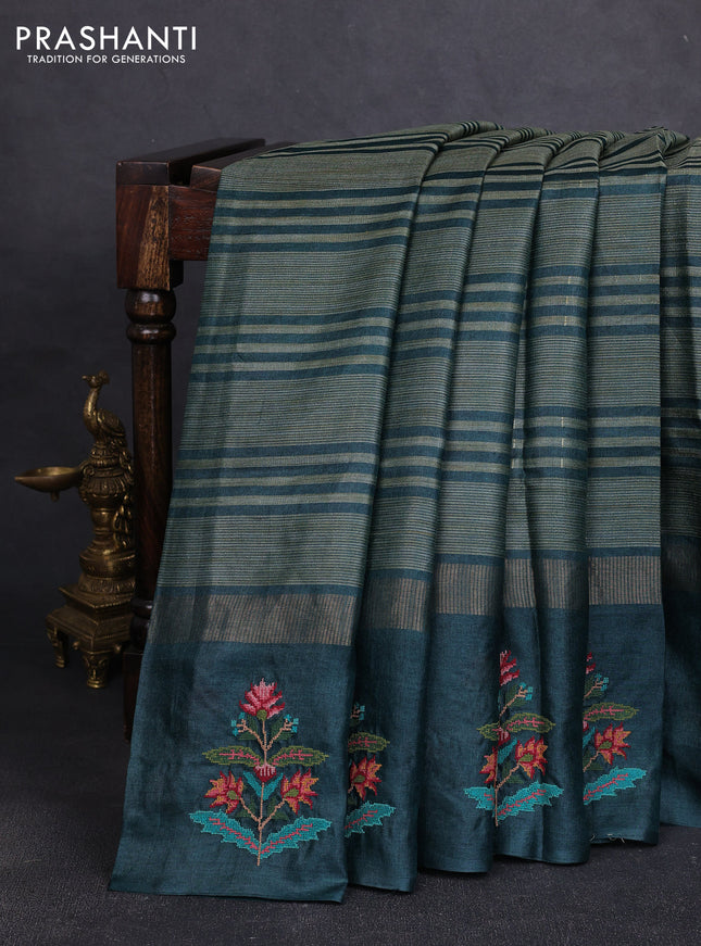 Pure tussar silk saree bottle green with allover thread stripe pattern and convent embroidery border