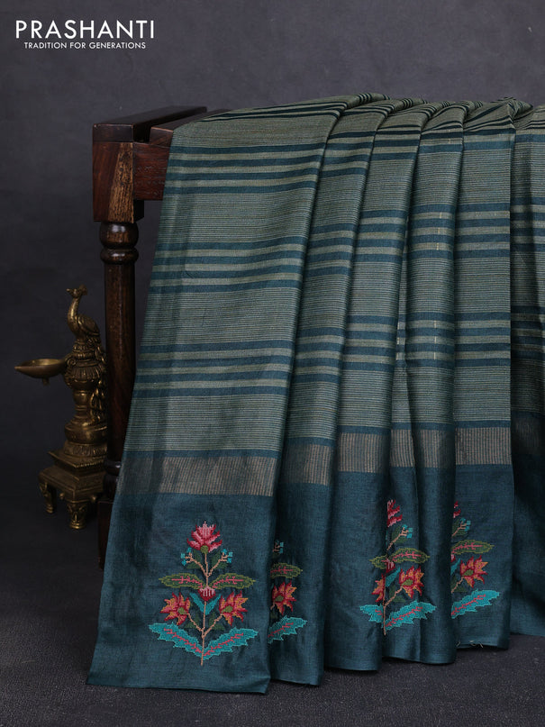 Pure tussar silk saree bottle green with allover thread stripe pattern and convent embroidery border