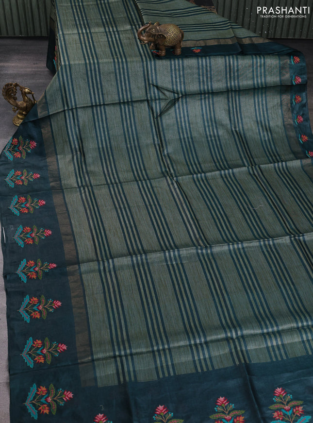 Pure tussar silk saree bottle green with allover thread stripe pattern and convent embroidery border