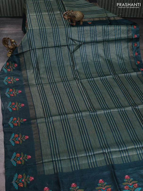 Pure tussar silk saree bottle green with allover thread stripe pattern and convent embroidery border