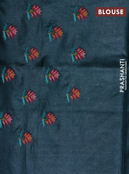 Pure tussar silk saree bottle green with allover thread stripe pattern and convent embroidery border