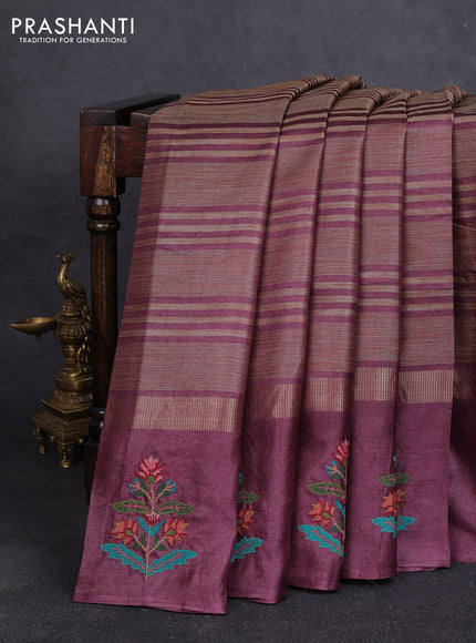 Pure tussar silk saree pastel maroon with allover thread stripe pattern and convent embroidery border