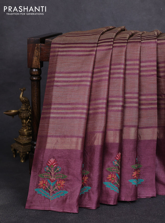 Pure tussar silk saree pastel maroon with allover thread stripe pattern and convent embroidery border