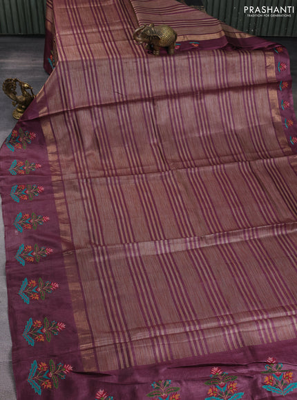 Pure tussar silk saree pastel maroon with allover thread stripe pattern and convent embroidery border