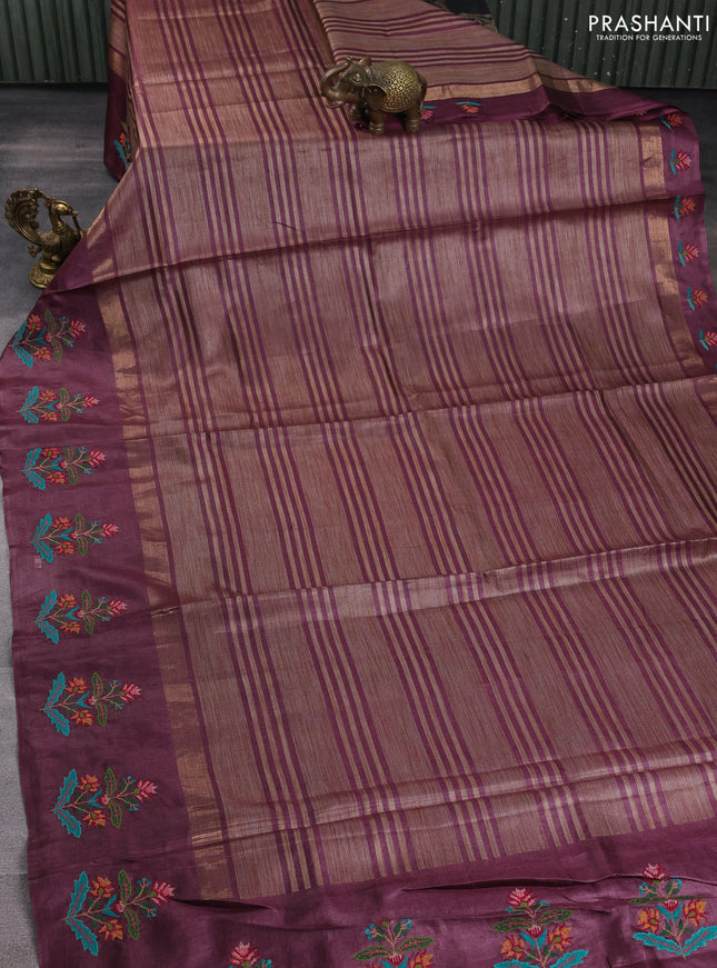 Pure tussar silk saree pastel maroon with allover thread stripe pattern and convent embroidery border