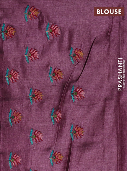 Pure tussar silk saree pastel maroon with allover thread stripe pattern and convent embroidery border