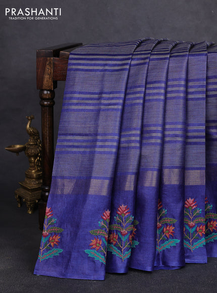 Pure tussar silk saree blue with allover thread stripe pattern and convent embroidery border