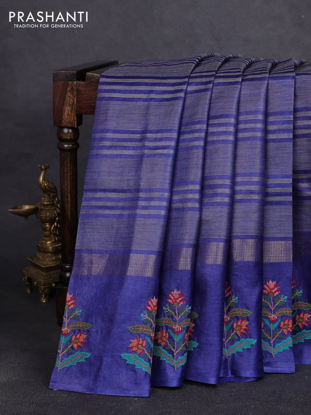 Pure tussar silk saree blue with allover thread stripe pattern and convent embroidery border