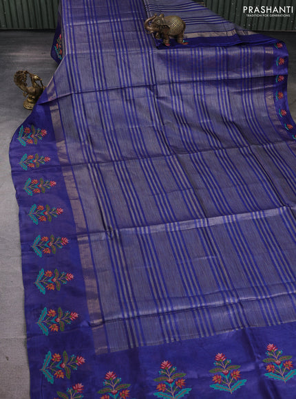 Pure tussar silk saree blue with allover thread stripe pattern and convent embroidery border