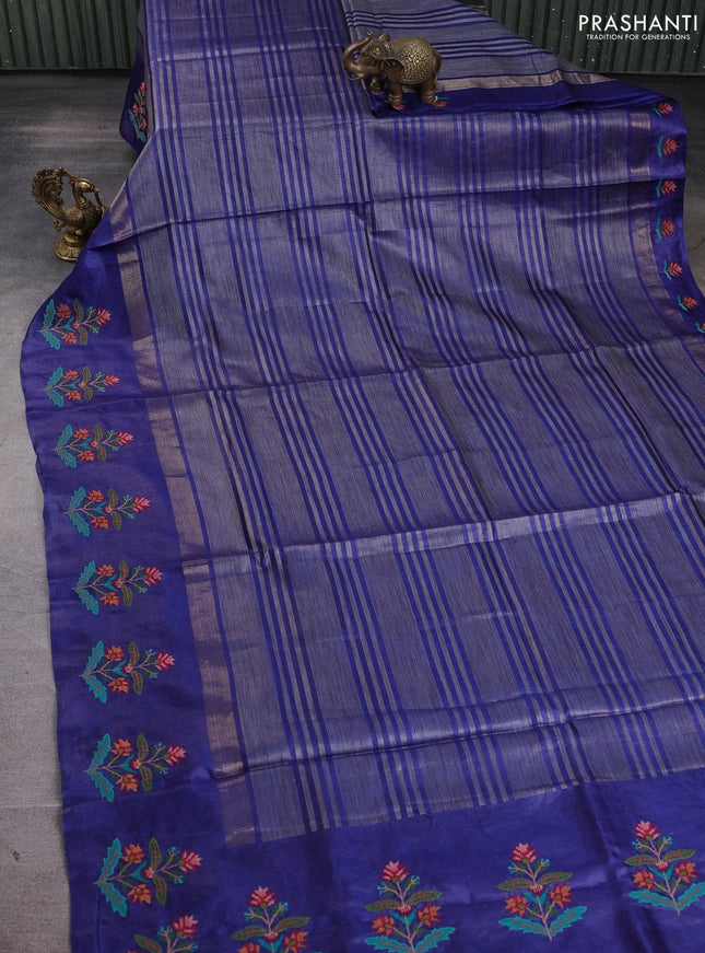Pure tussar silk saree blue with allover thread stripe pattern and convent embroidery border