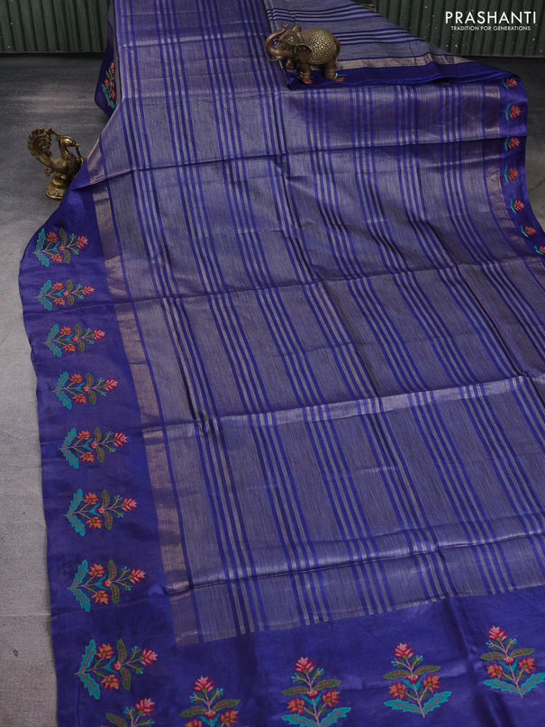 Pure tussar silk saree blue with allover thread stripe pattern and convent embroidery border