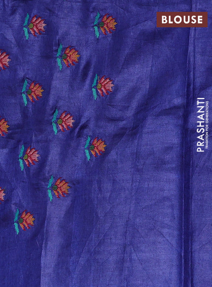 Pure tussar silk saree blue with allover thread stripe pattern and convent embroidery border