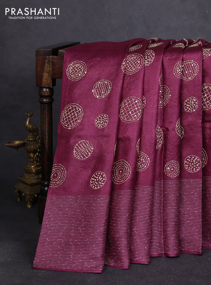 Pure tussar silk saree wine shade with embroidered buttas and thread woven border