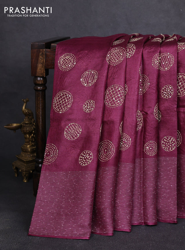 Pure tussar silk saree wine shade with embroidered buttas and thread woven border