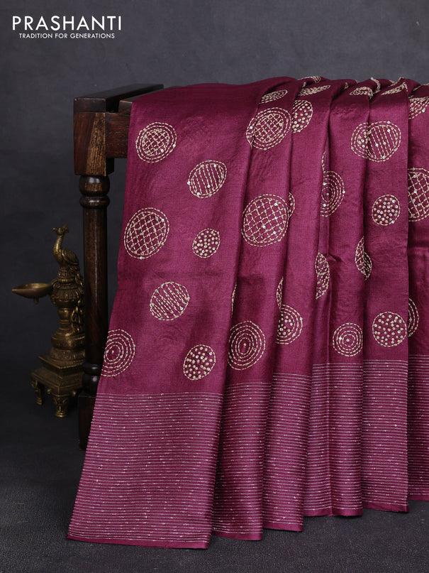 Pure tussar silk saree wine shade with embroidered buttas and thread woven border