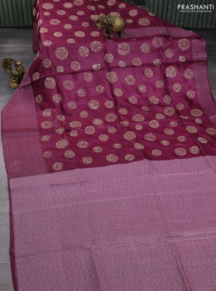 Pure tussar silk saree wine shade with embroidered buttas and thread woven border