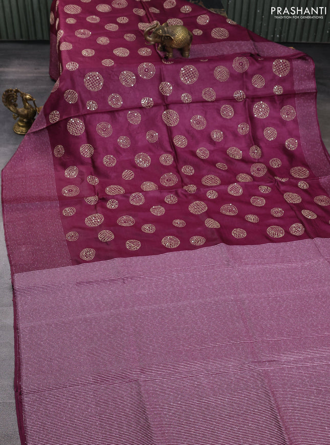 Pure tussar silk saree wine shade with embroidered buttas and thread woven border