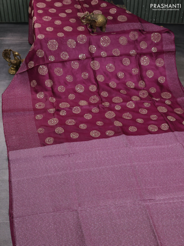 Pure tussar silk saree wine shade with embroidered buttas and thread woven border