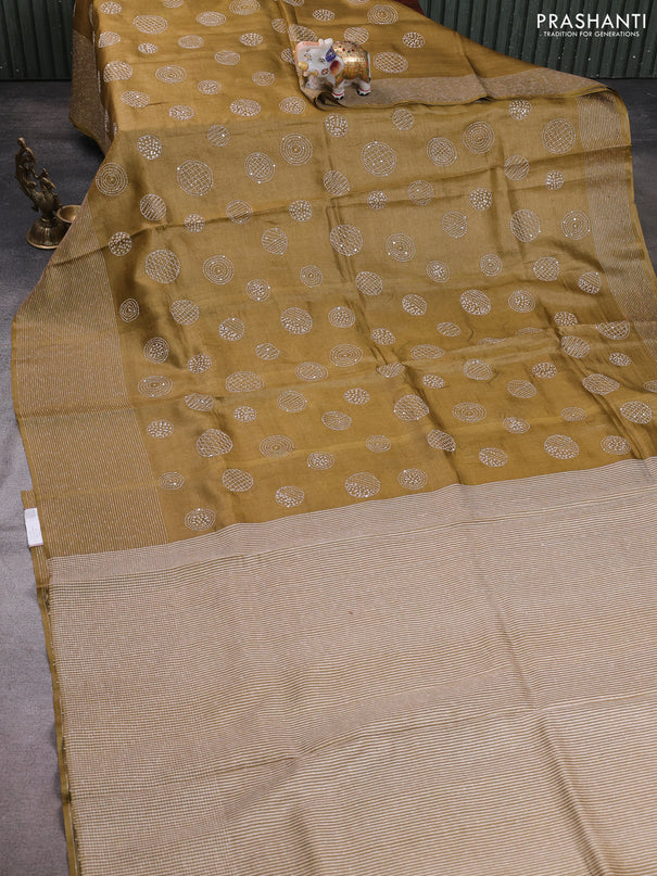 Pure tussar silk saree dark sandal with embroidered buttas and thread woven border
