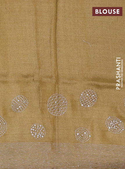Pure tussar silk saree dark sandal with embroidered buttas and thread woven border