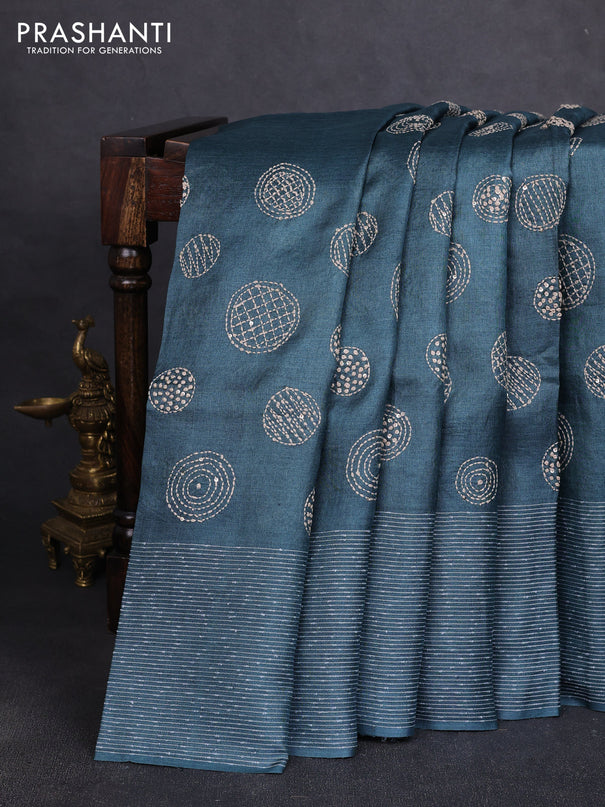 Pure tussar silk saree grey with embroidered buttas and thread woven border