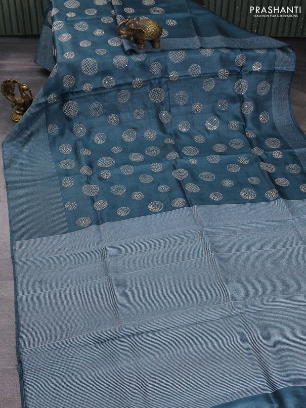 Pure tussar silk saree grey with embroidered buttas and thread woven border