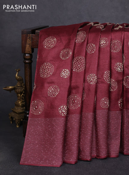 Pure tussar silk saree maroon with embroidered buttas and thread woven border