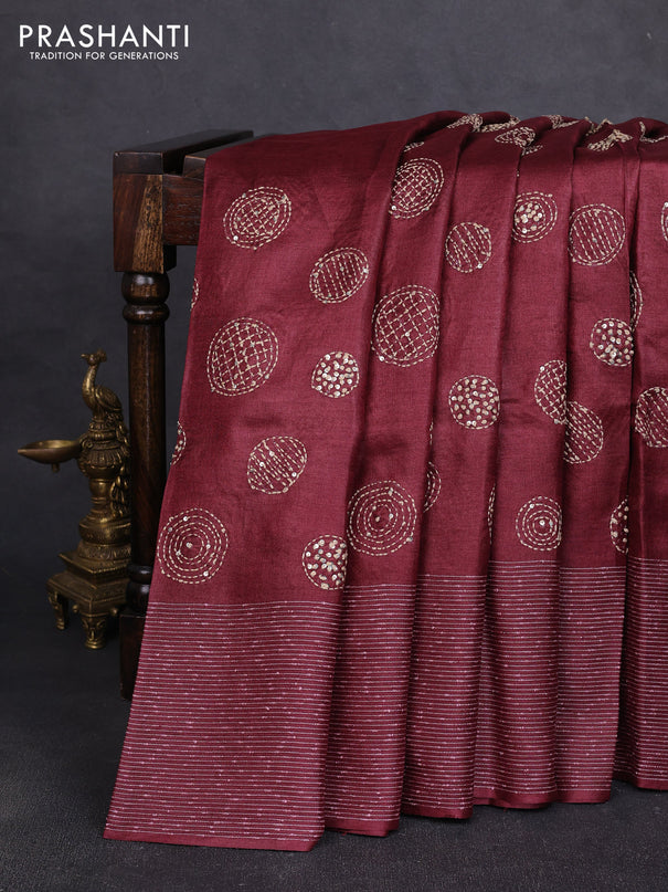 Pure tussar silk saree maroon with embroidered buttas and thread woven border