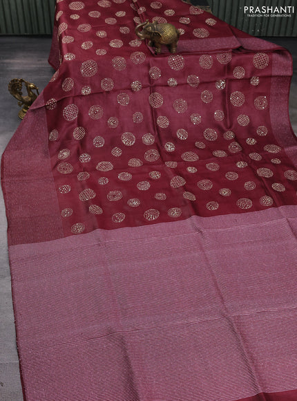Pure tussar silk saree maroon with embroidered buttas and thread woven border