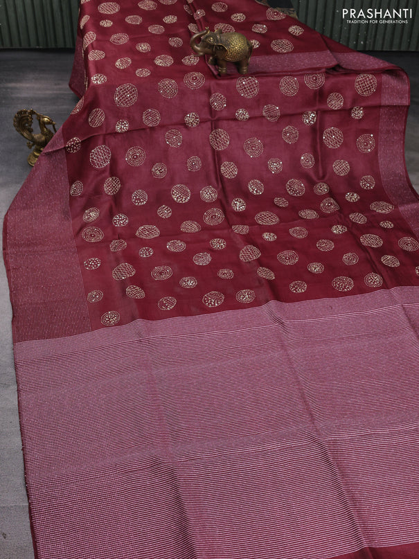 Pure tussar silk saree maroon with embroidered buttas and thread woven border
