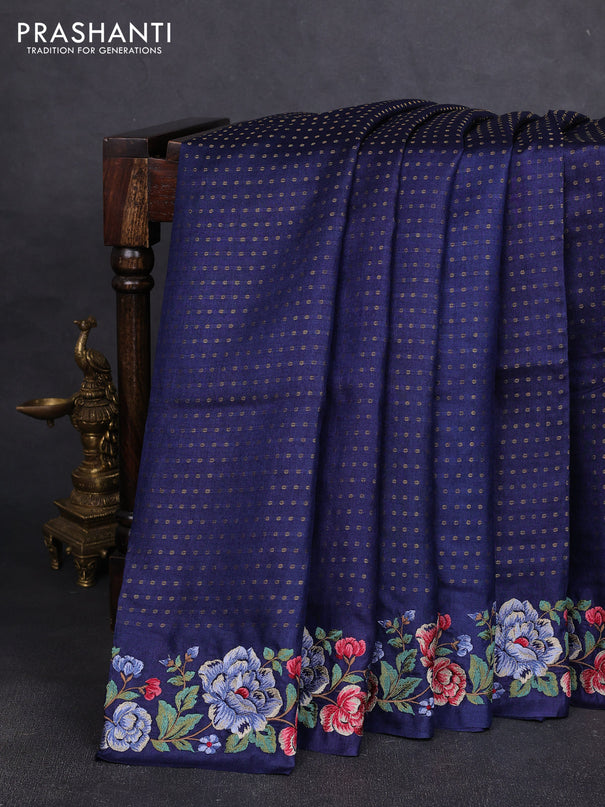Pure tussar silk saree dark blue with allover zari woven buttas and floral embroidery border