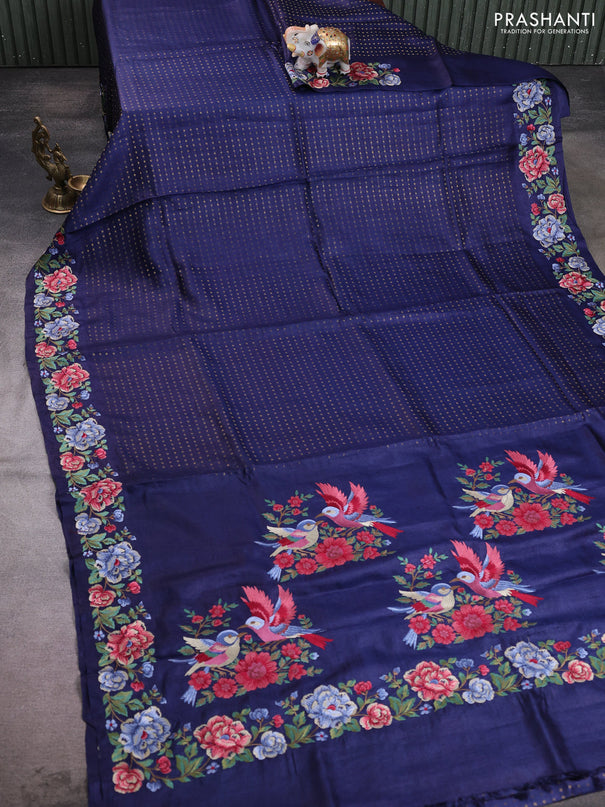 Pure tussar silk saree dark blue with allover zari woven buttas and floral embroidery border