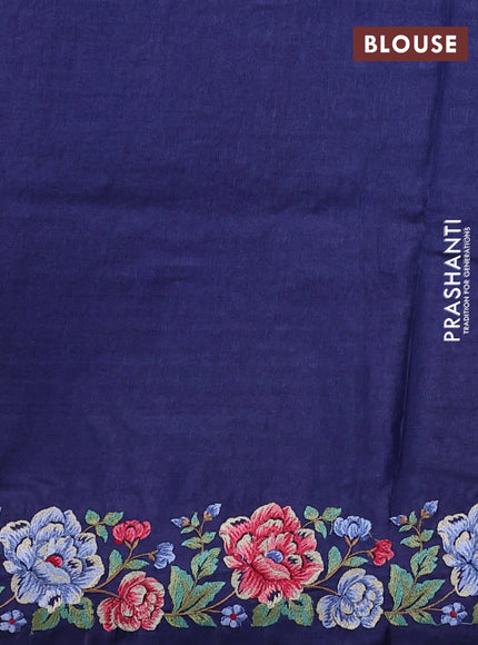 Pure tussar silk saree dark blue with allover zari woven buttas and floral embroidery border