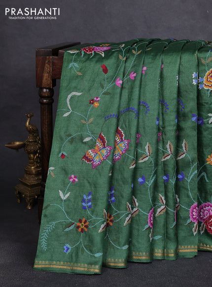Pure tussar silk saree green with allover embroidery work and zari woven border